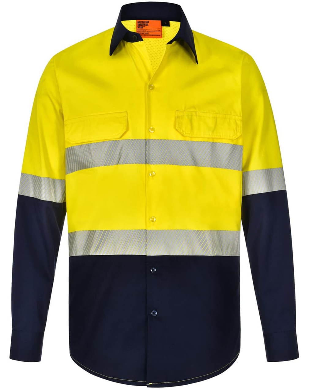 A long-sleeve safety shirt in bright yellow and navy, featuring segmented reflective tape and a logo.