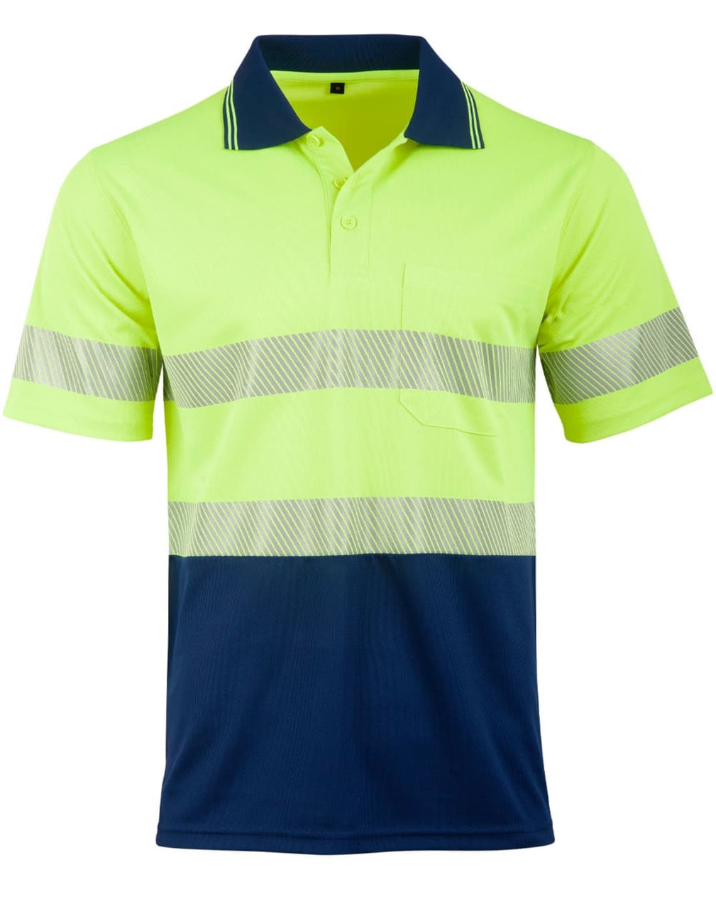 A high-visibility unisex polo shirt in bright yellow and navy, featuring reflective segmented stripes and a pocket.