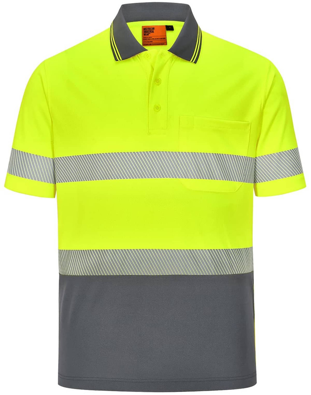 A unisex cooldry segmented safety polo shirt in bright yellow with grey stripes and a pocket. It features a logo.