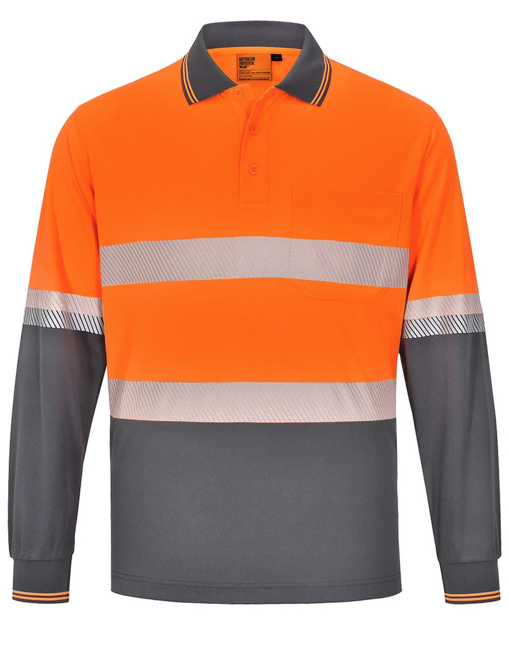Unisex long-sleeve polo shirt in bright orange and grey, featuring reflective stripes and a pocket. Includes a logo.