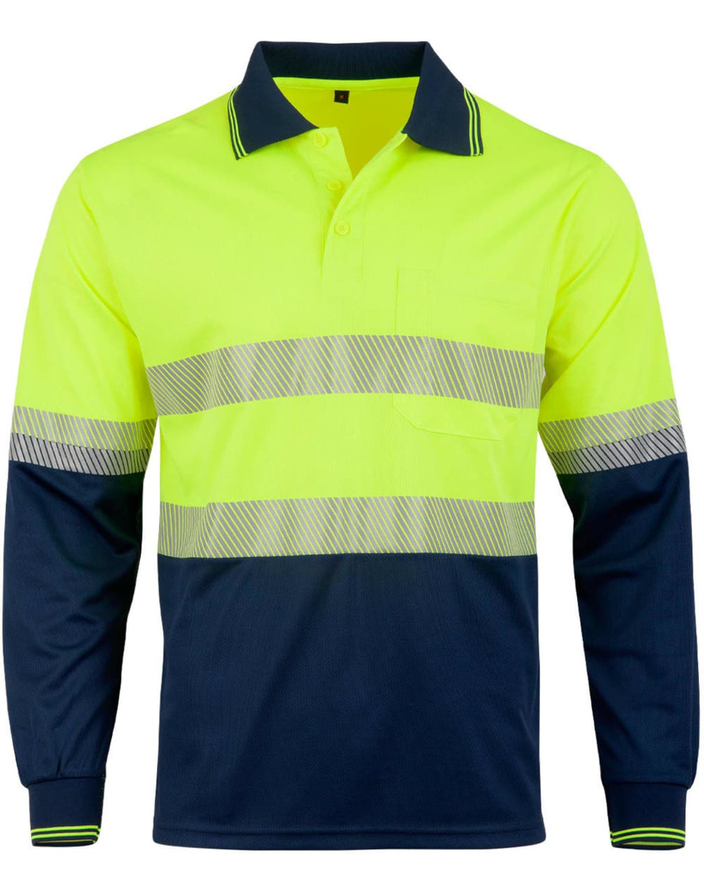 A long-sleeved unisex polo shirt in fluorescent yellow and navy blue, featuring reflective stripes and a chest pocket.