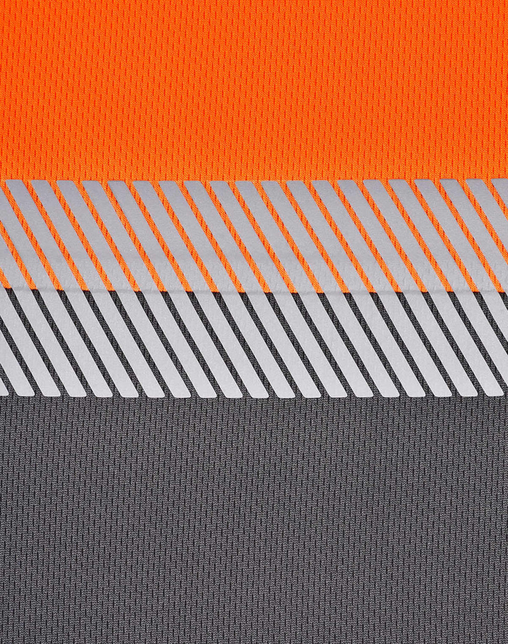 A segmented fabric featuring bright orange and grey tones with reflective stripes, ideal for work polo shirts.