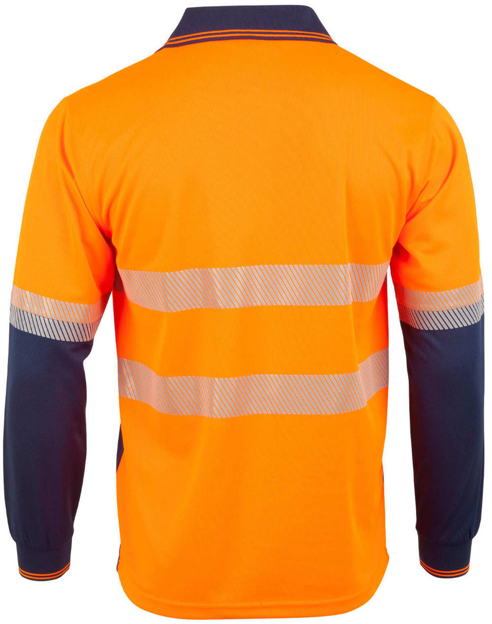 A long-sleeved polo shirt in bright orange with navy blue sleeves and reflective stripes, featuring a logo on the front.