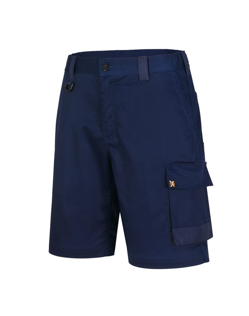 Navy unisex utility stretch cargo work shorts with a side pocket and a branding logo.