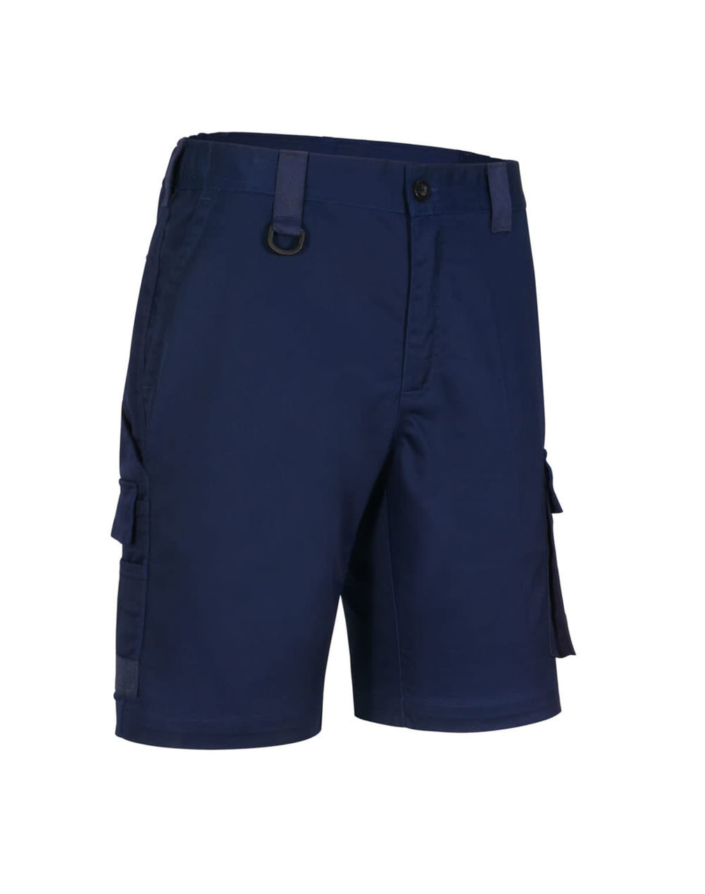 Unisex navy utility stretch cargo work shorts featuring side pockets and a belt loop. Includes branding elements.