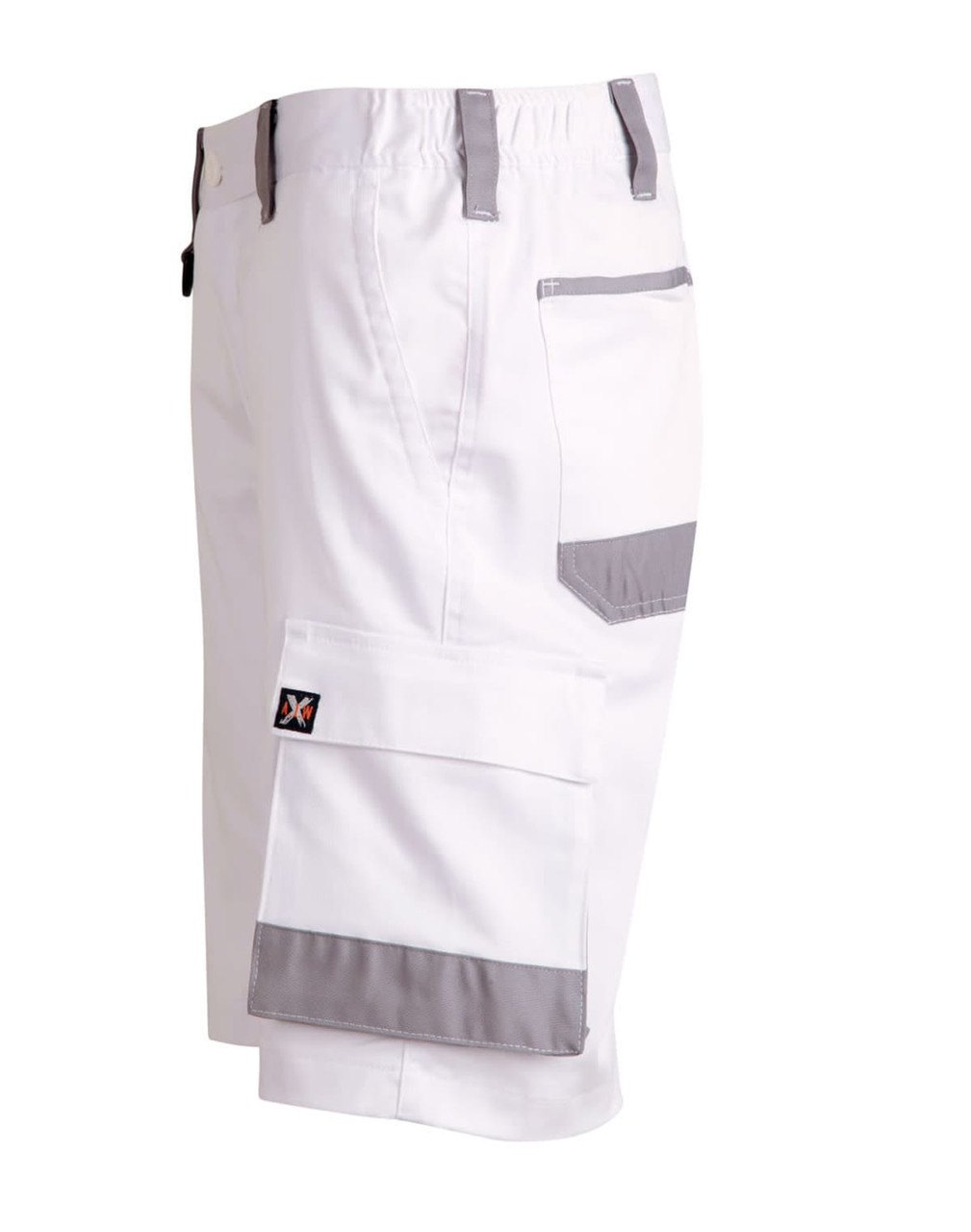 Unisex utility stretch cargo work shorts in white with grey accents, featuring multiple pockets and a logo.