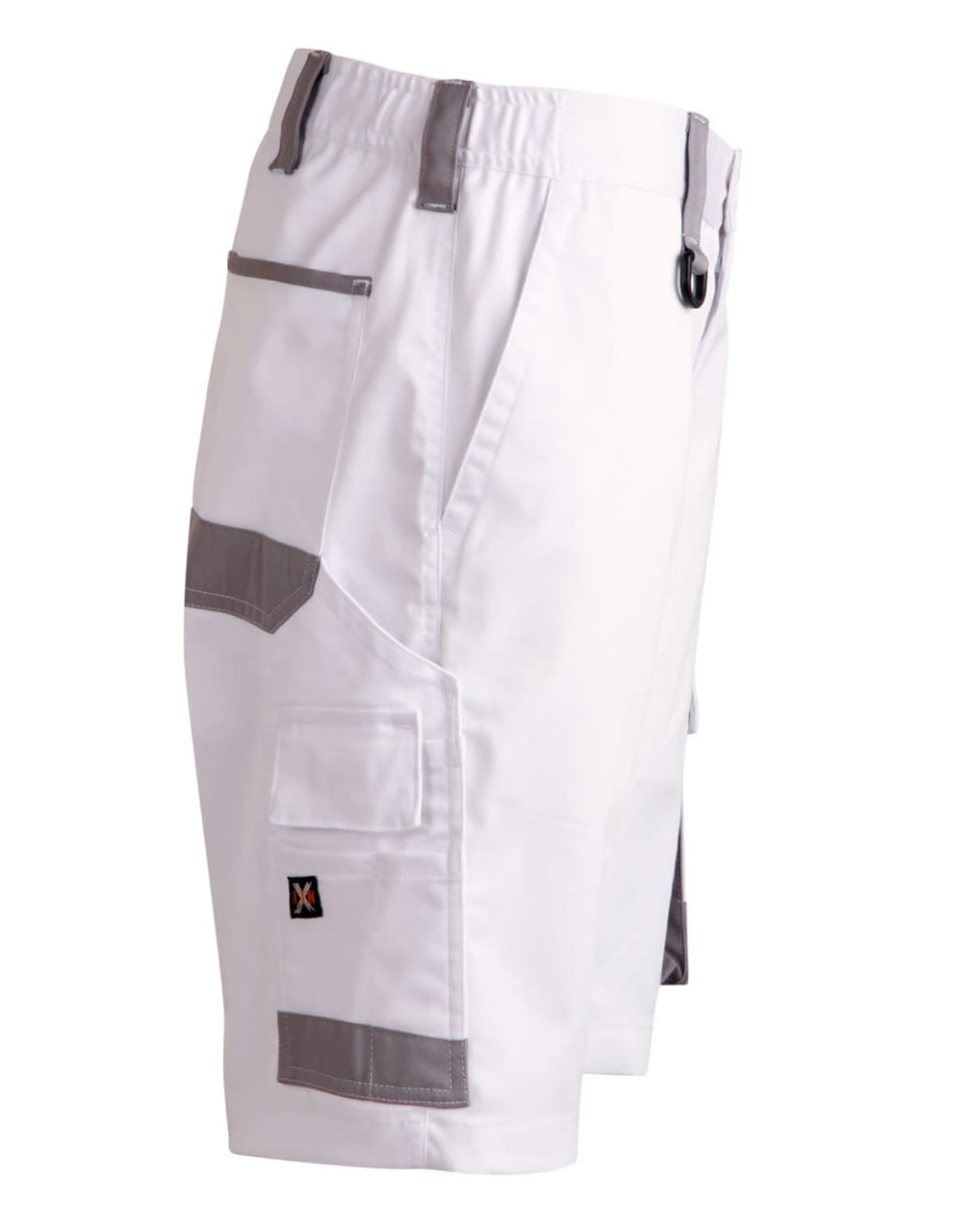 Unisex utility stretch cargo work shorts in white with grey accents, featuring multiple pockets and a logo.