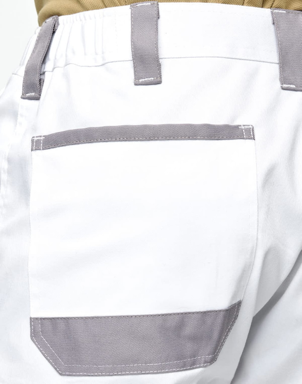 White utility cargo shorts featuring a grey pocket on the back, designed for versatility and comfort.