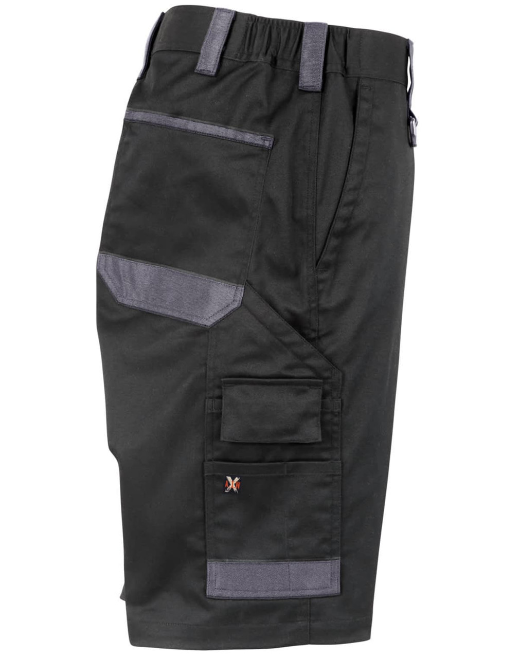Unisex black utility stretch cargo work shorts with multiple pockets and a logo. Features grey accents.