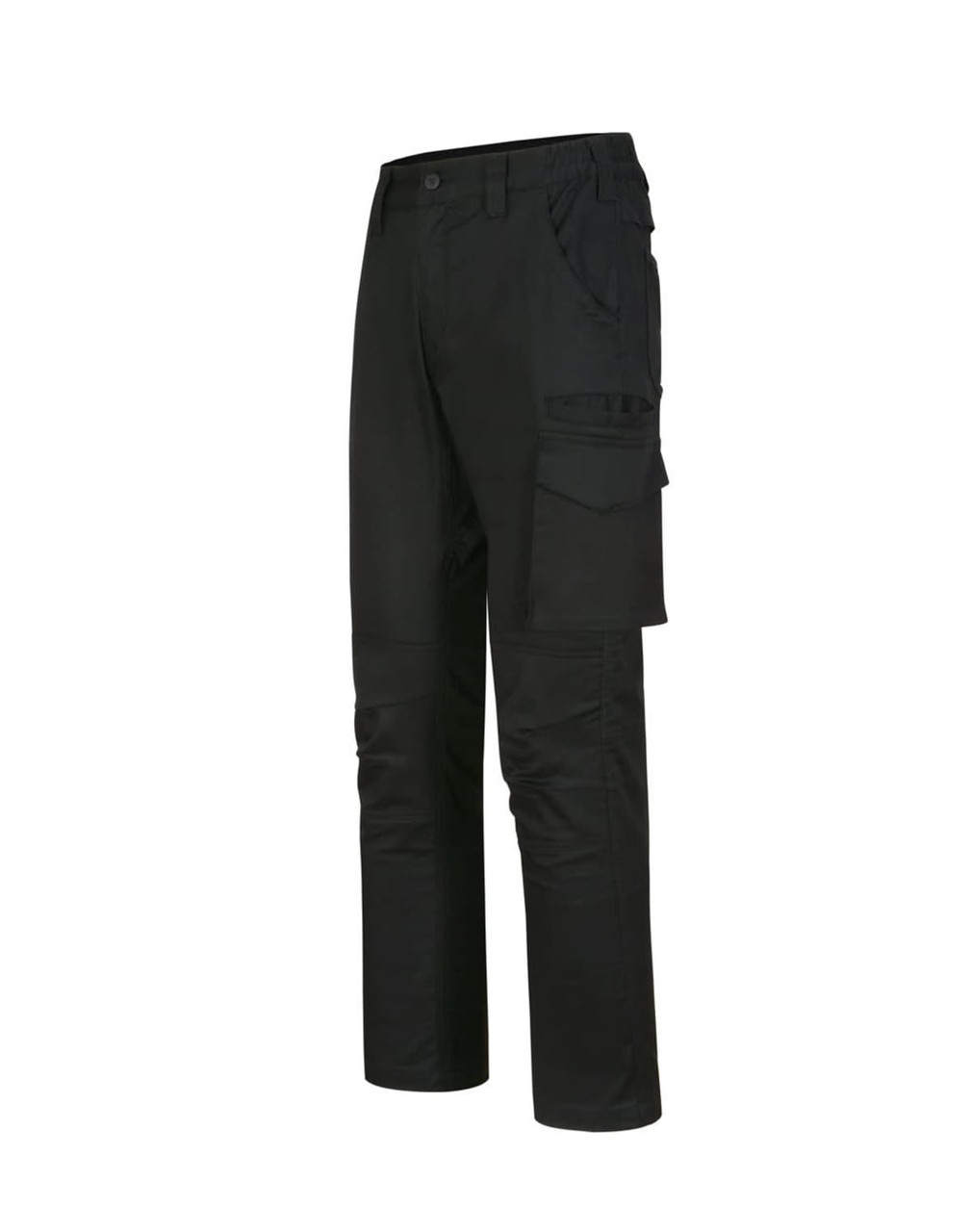 Unisex black cotton stretch ripstop work pants with multiple pockets and a tailored fit. Features branding on the garment.