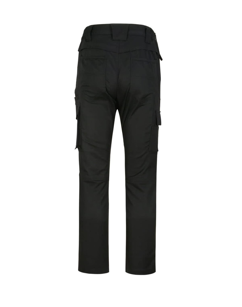 Black unisex cotton stretch ripstop work pants with multiple cargo pockets and a fitted waist.
