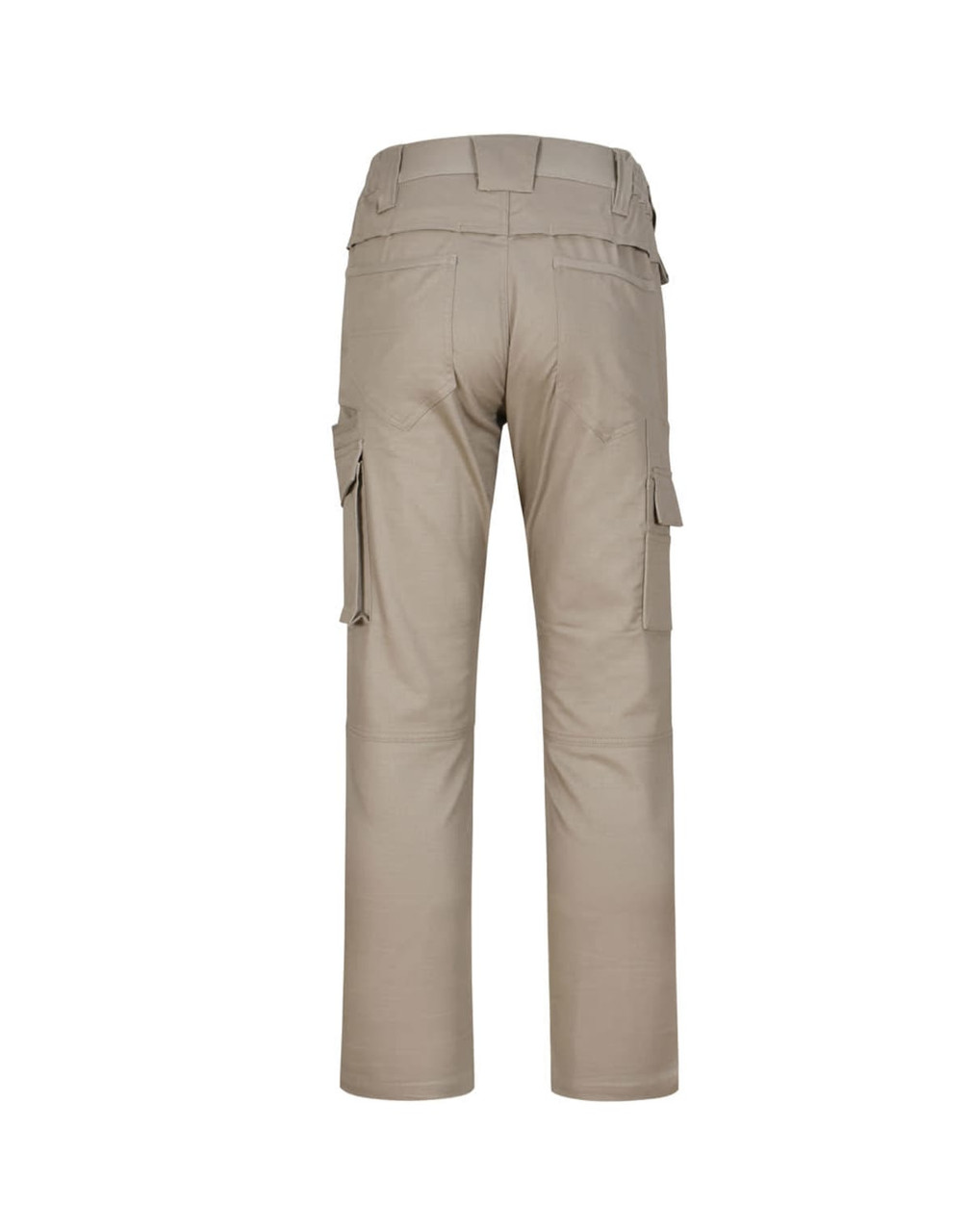 A pair of khaki unisex cotton stretch ripstop work pants, featuring cargo pockets and a relaxed fit.