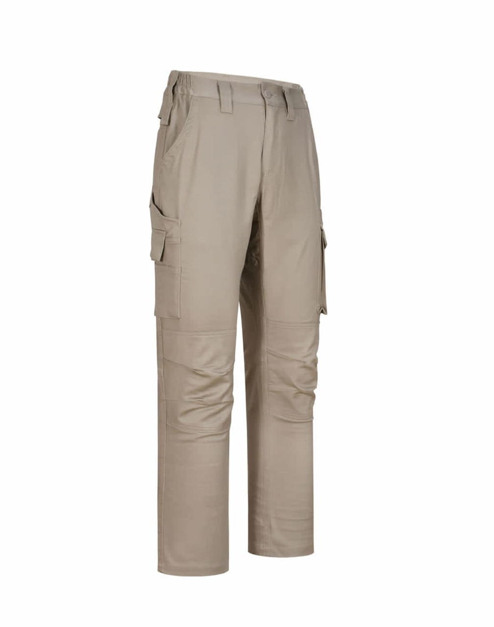 Unisex cotton stretch ripstop work pants in khaki with multiple pockets and a logo.