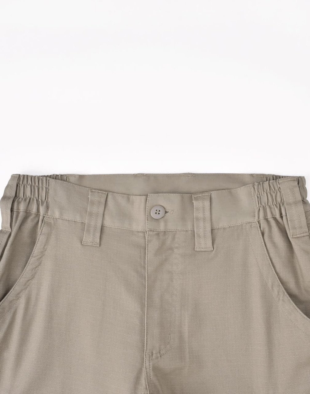 Unisex cotton stretch ripstop work pants in khaki, featuring an elastic waistband and front button detail.