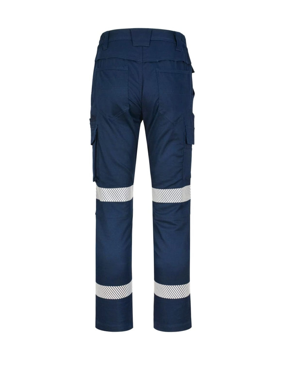 Unisex navy cotton stretch ripstop segmented work pants with reflective striping and multiple pockets.