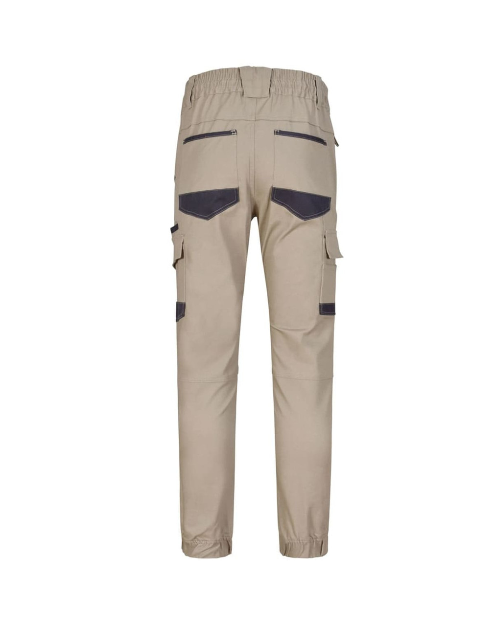 Unisex cotton stretch drill cuffed work pants in khaki with grey detailing and multiple pockets. Features a logo.