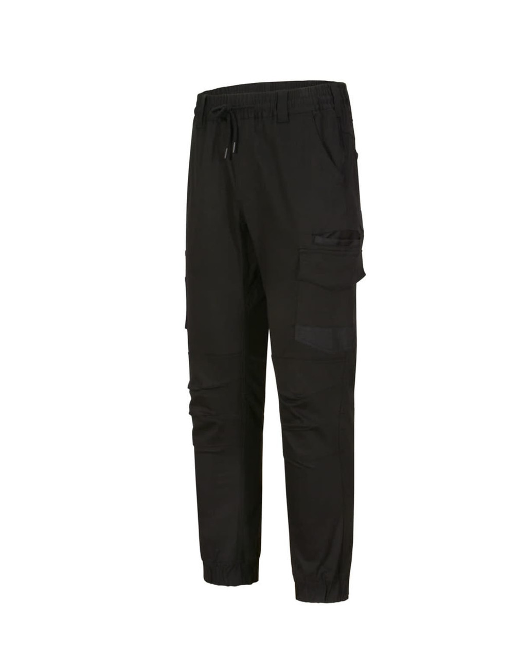 Unisex black cotton stretch drill cuffed work pants, featuring multiple pockets and an elastic waistband.