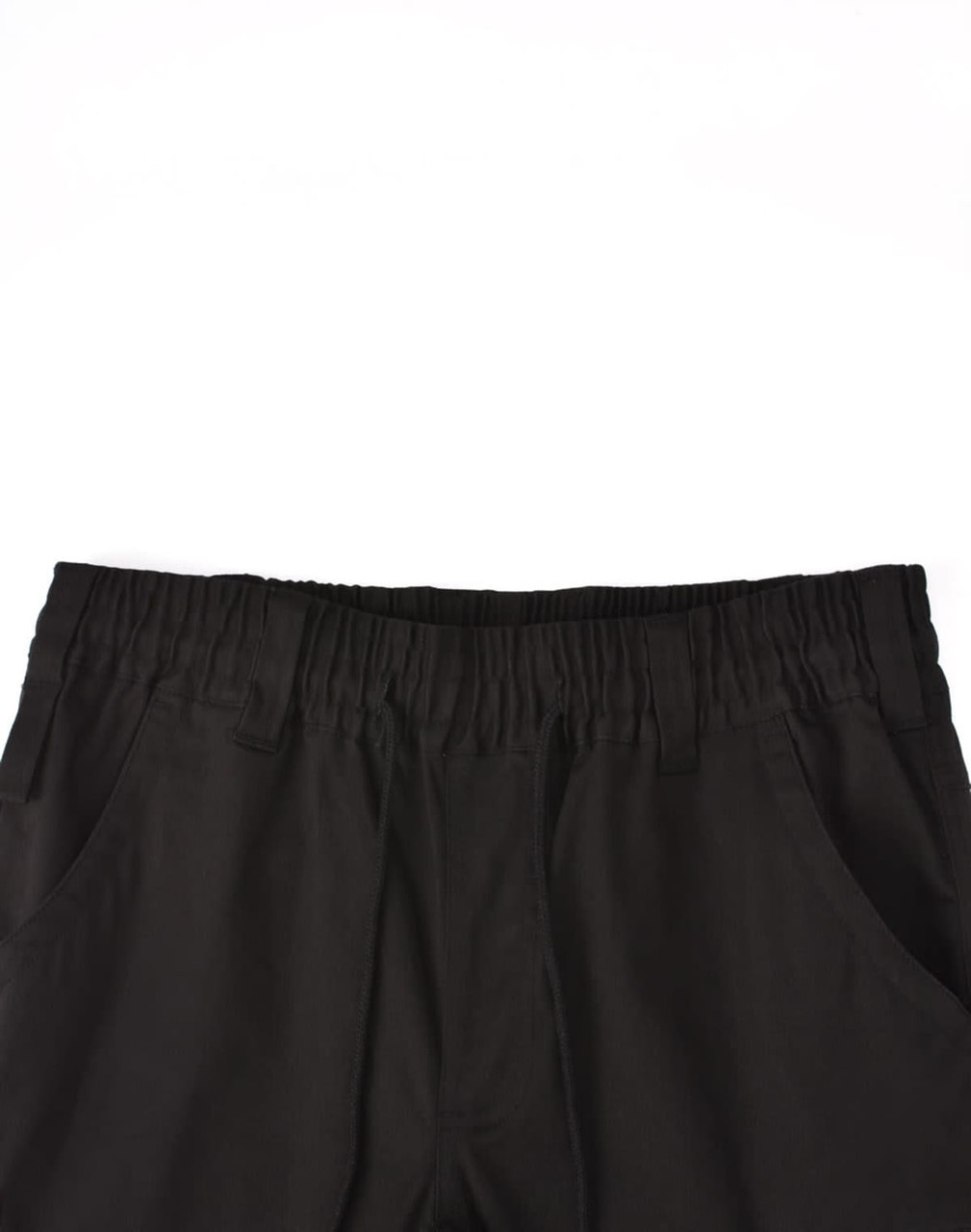 Black unisex cotton stretch drill cuffed work pants featuring an elastic waistband and pockets.