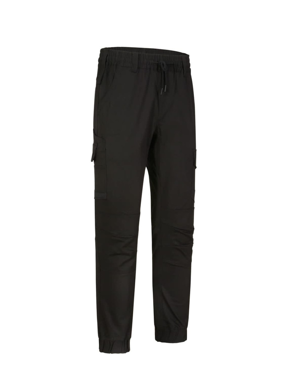 Unisex cotton stretch drill cuffed work pants in black, featuring side pockets and an elastic waistband.