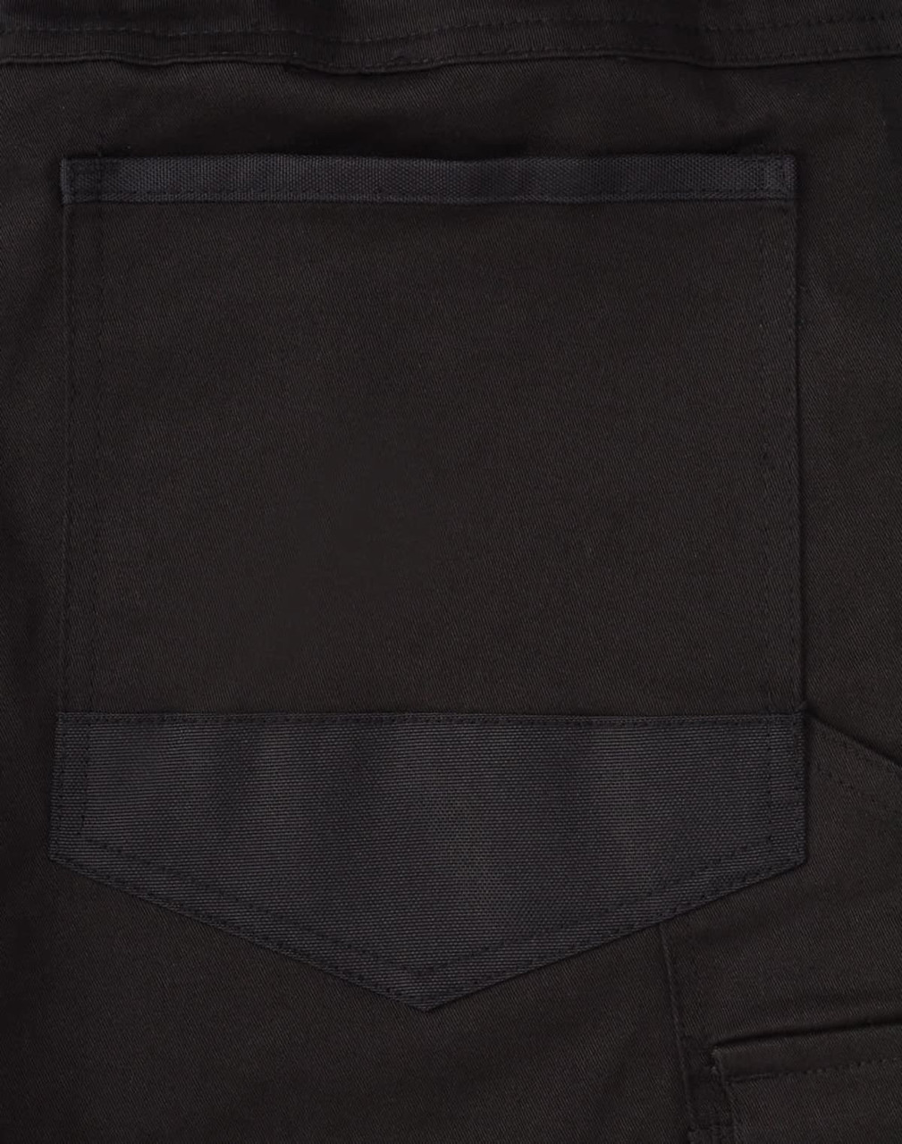 A close-up image of the back pocket of black unisex cotton stretch drill cuffed work pants.