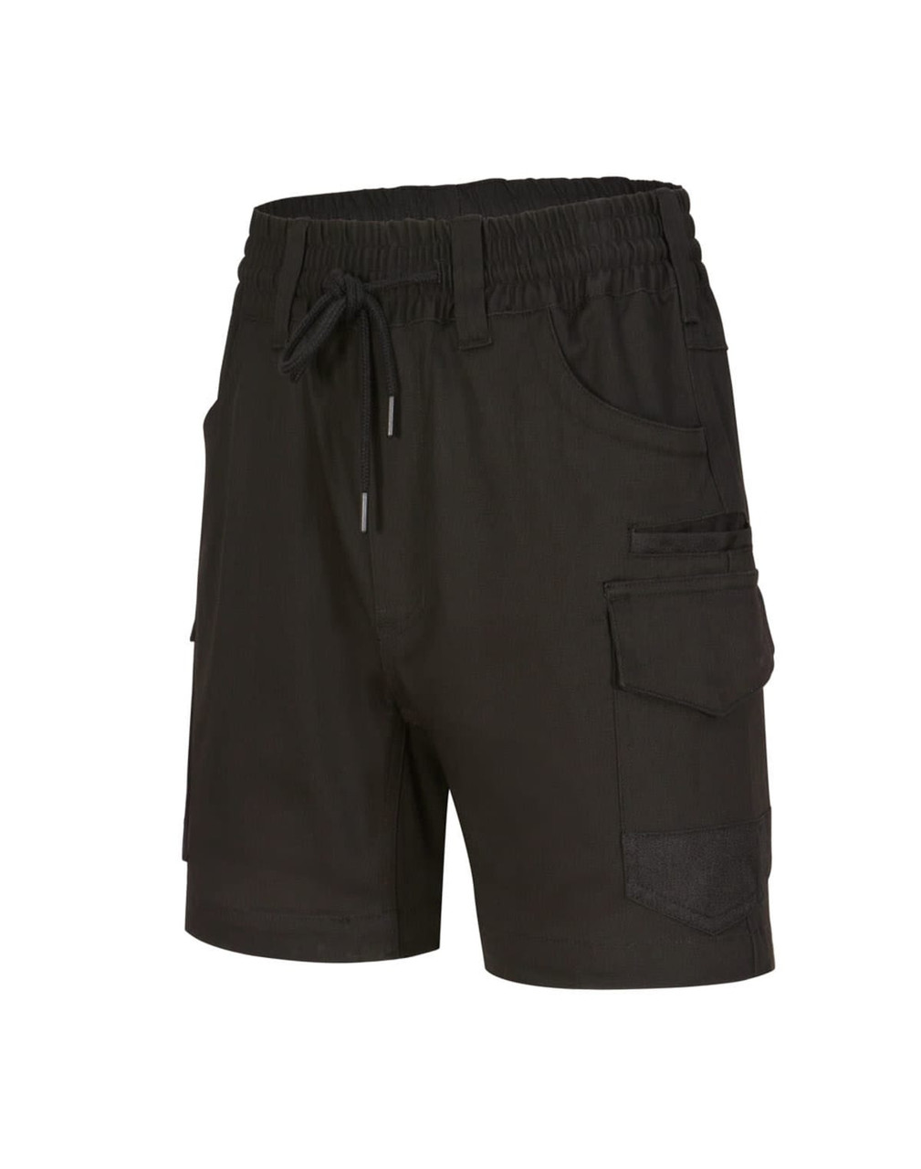 Unisex cotton stretch drill shorts in black with an elastic waistband and multiple pockets, featuring a logo.