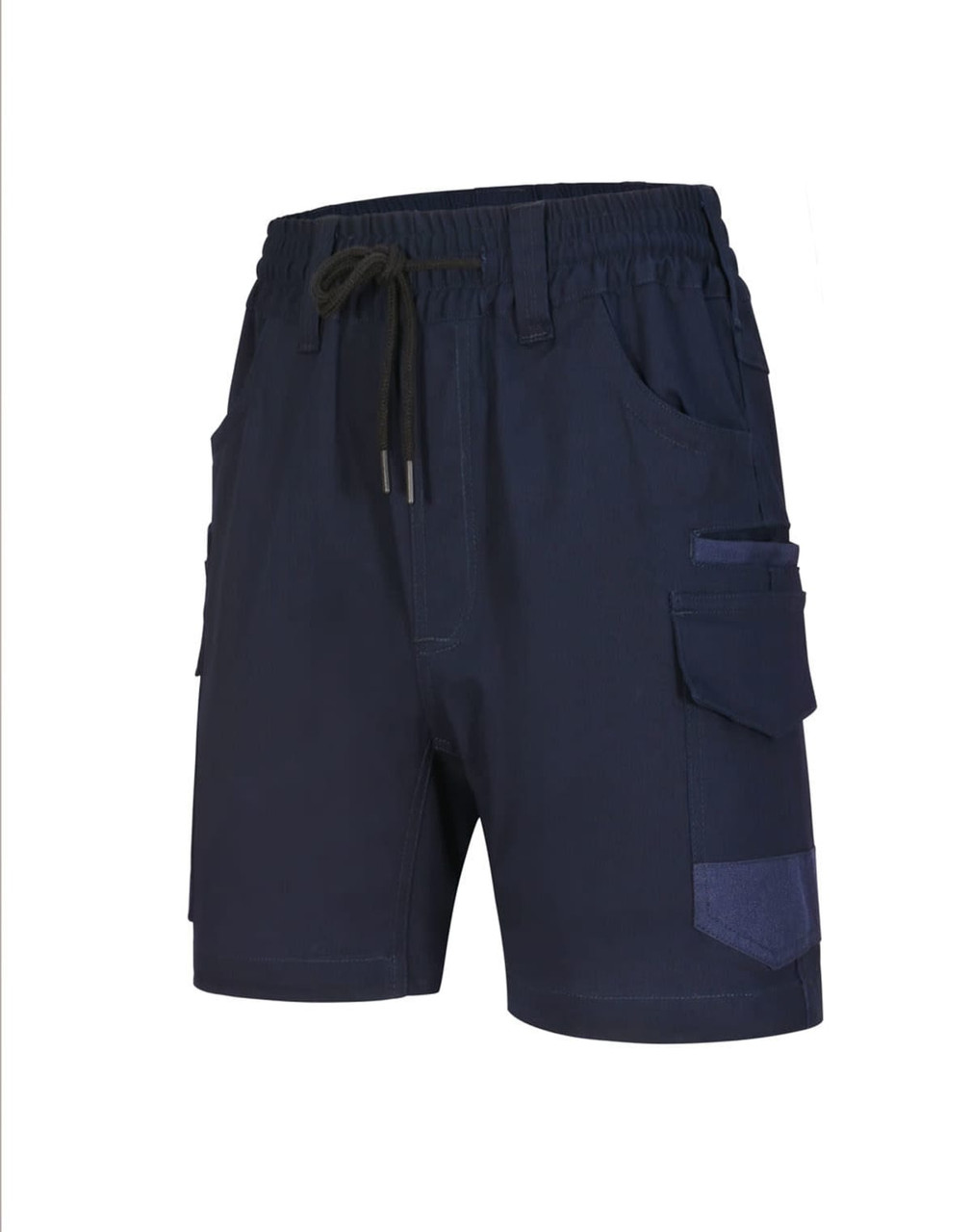 Navy unisex cotton stretch drill work shorts with multiple pockets and an elastic waistband. Features a logo.