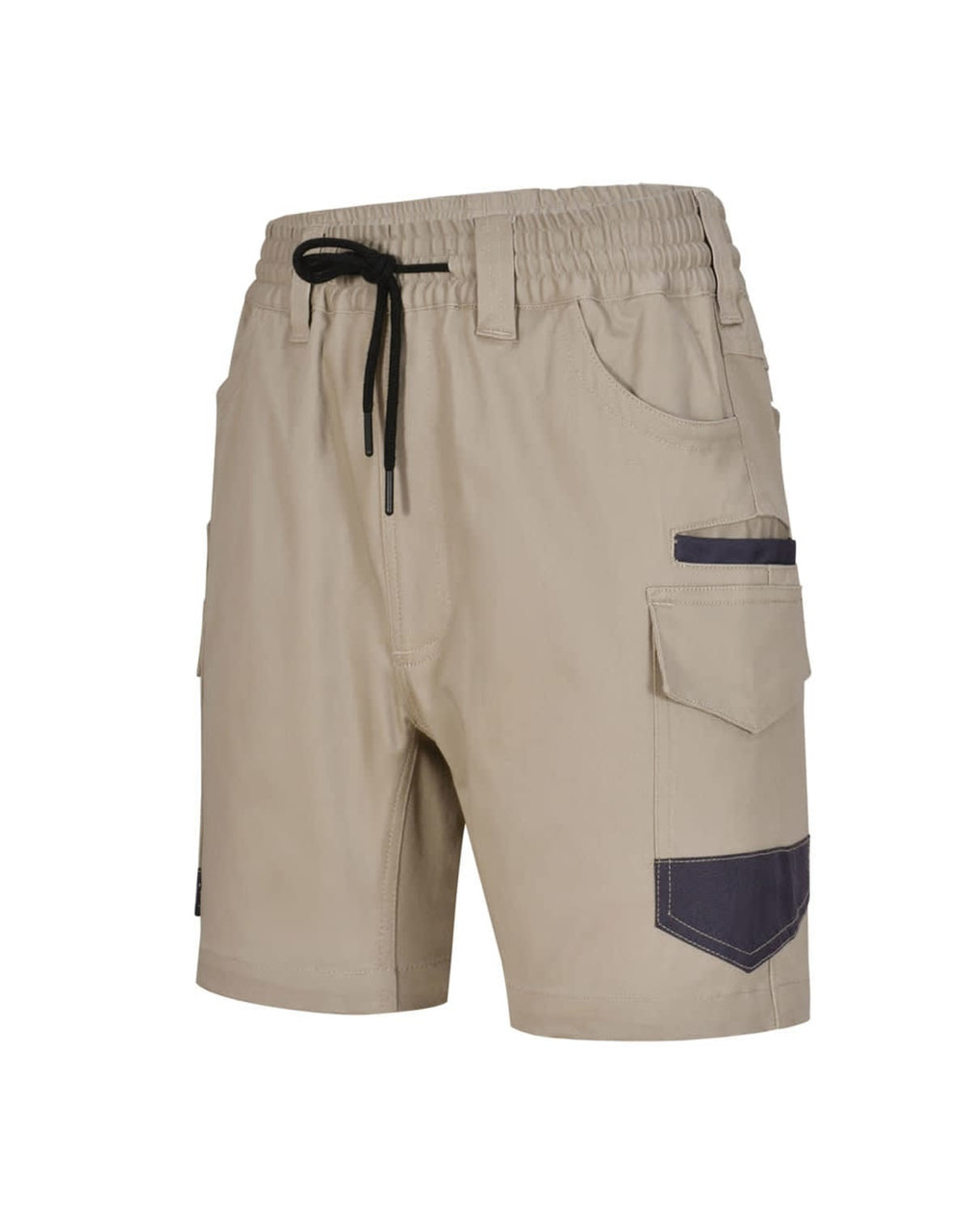 Unisex cotton stretch drill work shorts in beige with navy detailing and multiple pockets. Features an elastic waistband.