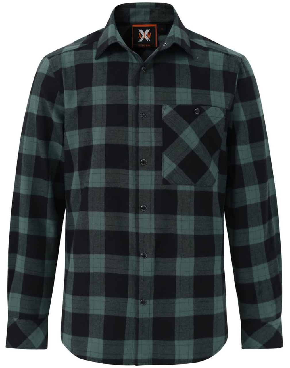 A unisex flannel plaid shirt in black and green with a button-up front and a chest pocket. Features a logo.