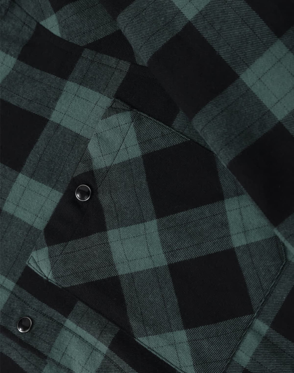 A close-up of a unisex flannel plaid shirt featuring a black and dark green check pattern with button details.