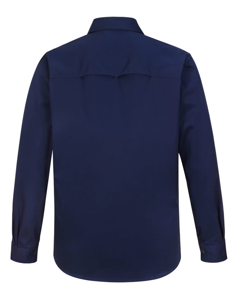 A navy long-sleeve work shirt with a closed front and collar, featuring a logo.