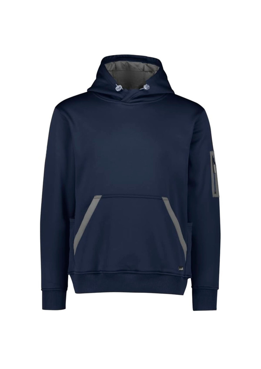 A navy water-resistant hoodie with a front pocket and a logo on the sleeve. Features grey accents.