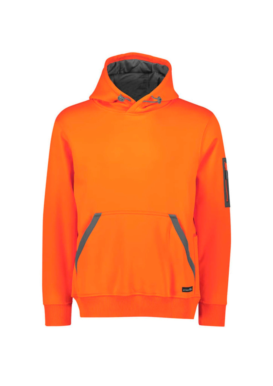 An orange unisex water-resistant hoodie with a grey lined hood and branding on the sleeve.