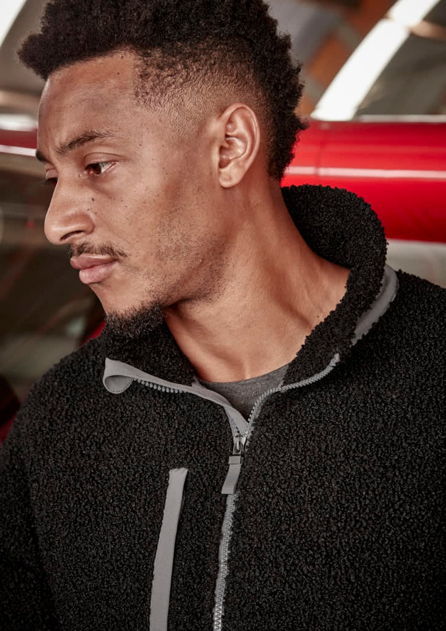 Unisex streetworx full zip sherpa fleece in black, featuring a high collar and a zip closure. Includes branding.