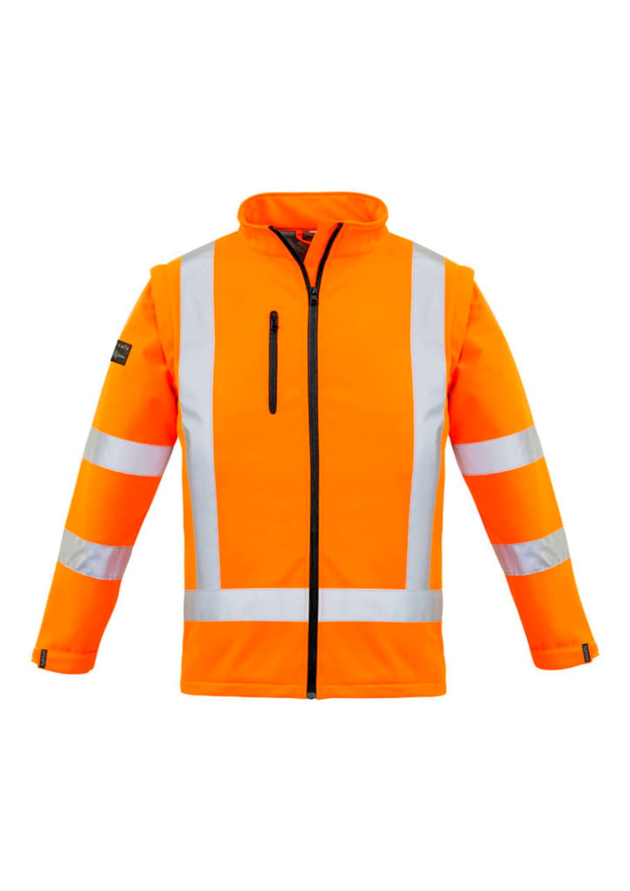 A high visibility orange softshell jacket with reflective stripes, featuring a zip pocket and a collar.