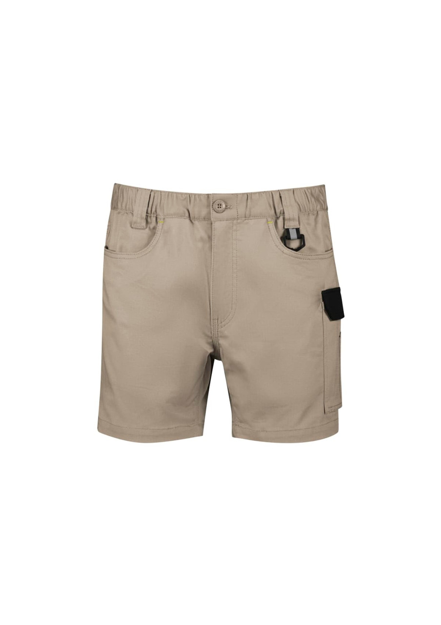 Men's rugged cooling stretch shorts in a light beige colour, featuring pockets and an elastic waistband.