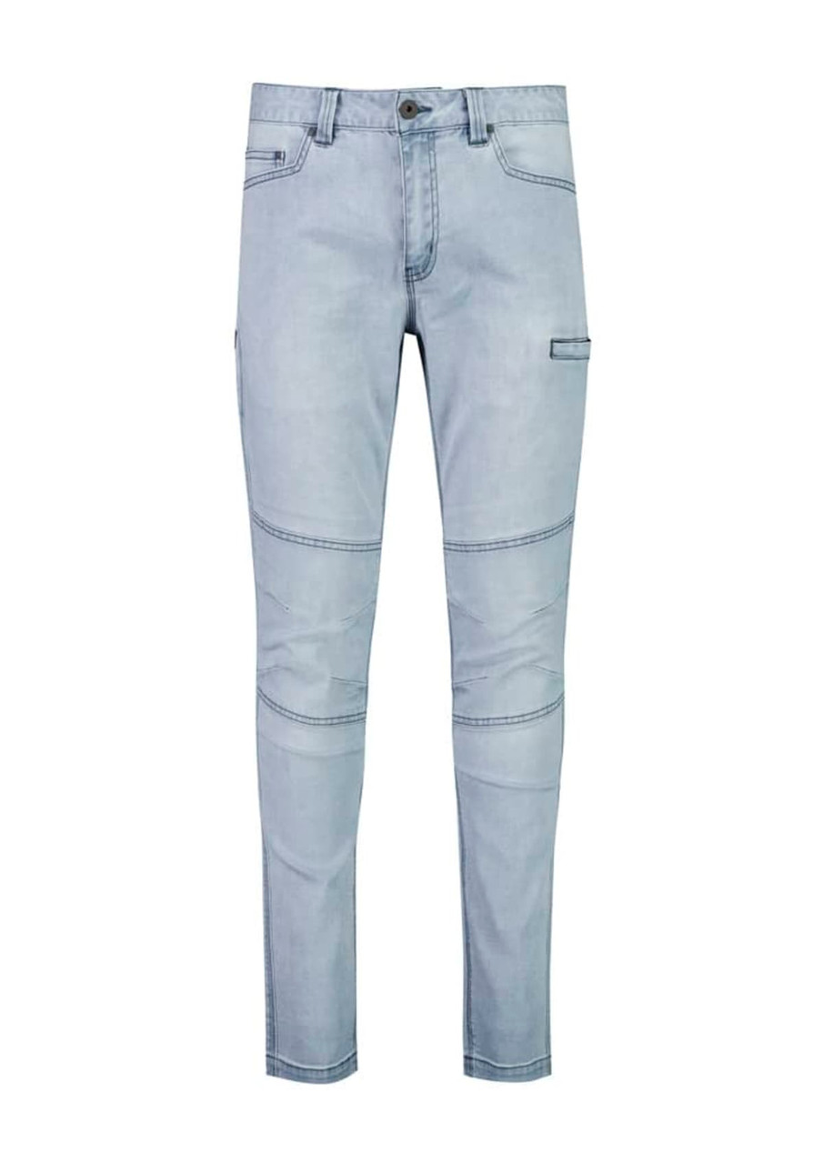 A pair of light blue stretch jeans with a slim fit and cargo pocket detail, featuring a waistband and stitching.