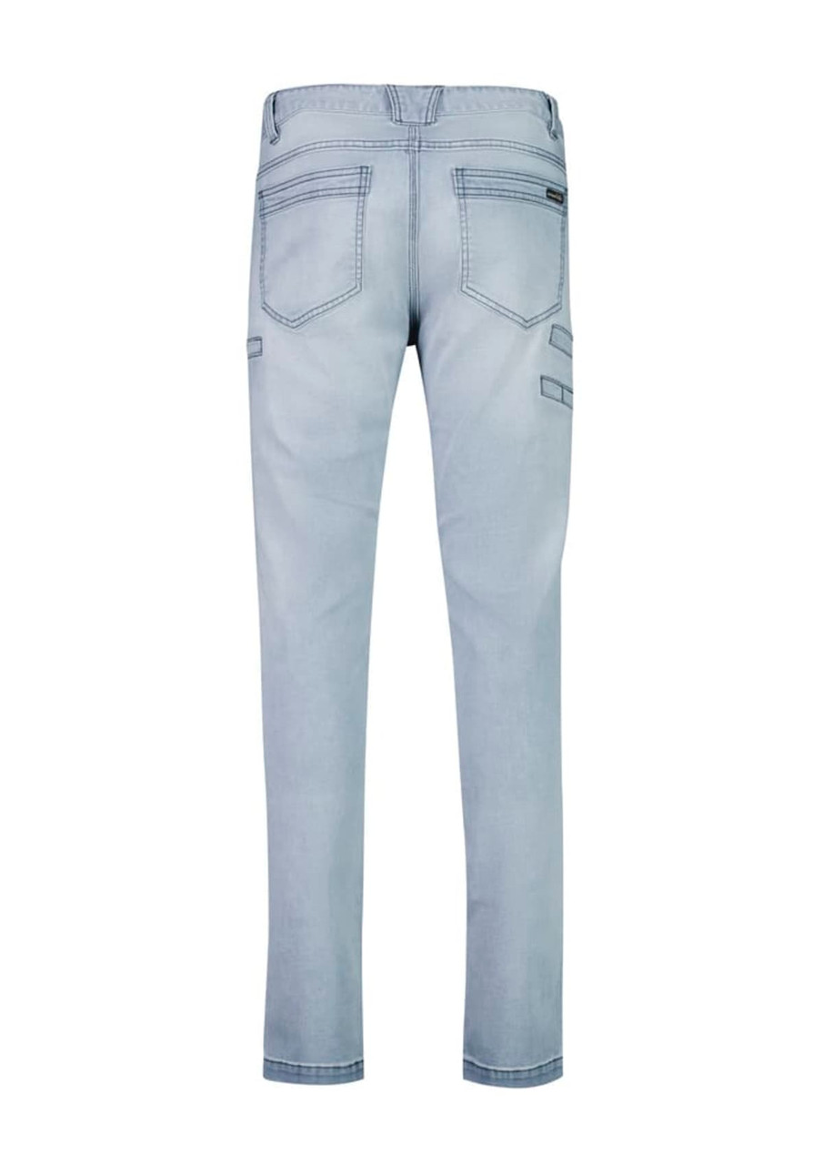 Light blue stretch jeans featuring multiple pockets and a logo. Ideal for workwear as part of a practical outfit.
