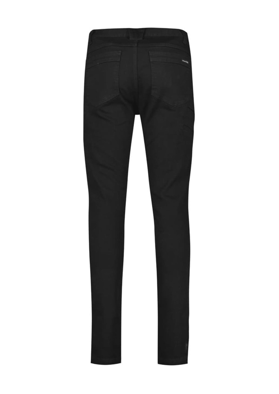 A pair of black stretch jeans for men, featuring a fitted design and a backside view. Includes branding.