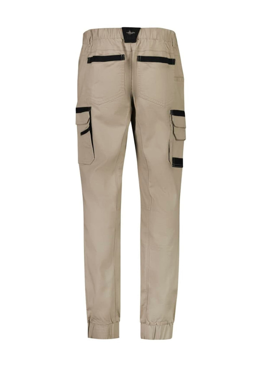 Men's cuffed work pants in beige with multiple pockets and black detailing. Features an elastic waistband and a logo.