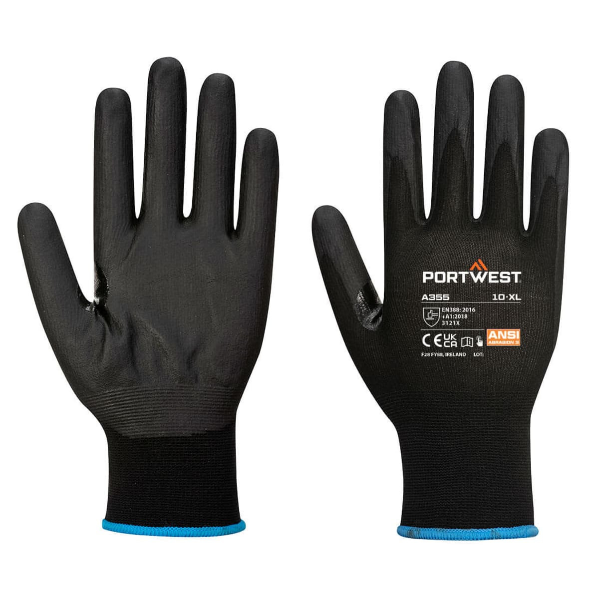 Nitrile foam gloves in black with a blue cuff, featuring a logo on the palm side. Pack of 12.