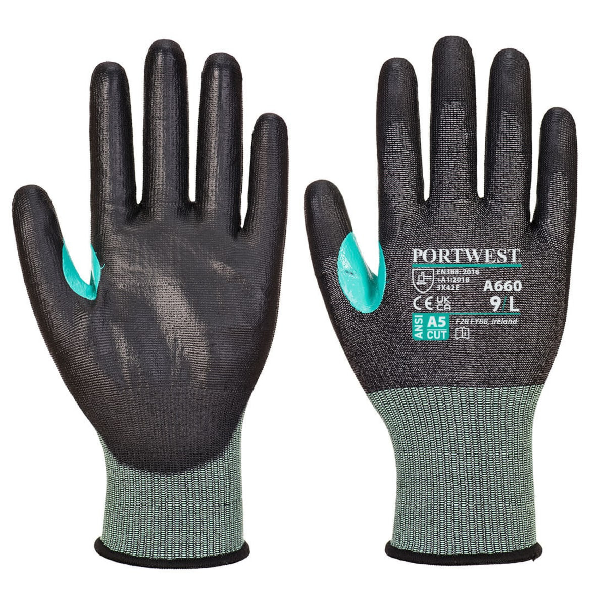 A pair of black and teal cut-resistant gloves with a textured grip and a branded logo on the wrist area.