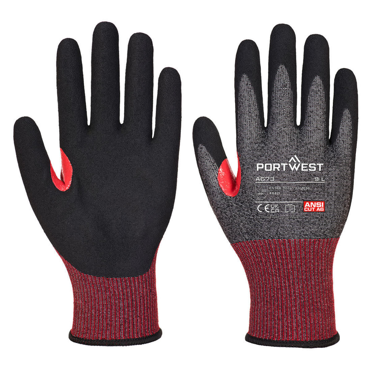 A pair of black and red nitrile gloves with a textured grip and a logo. Ideal for various tasks.