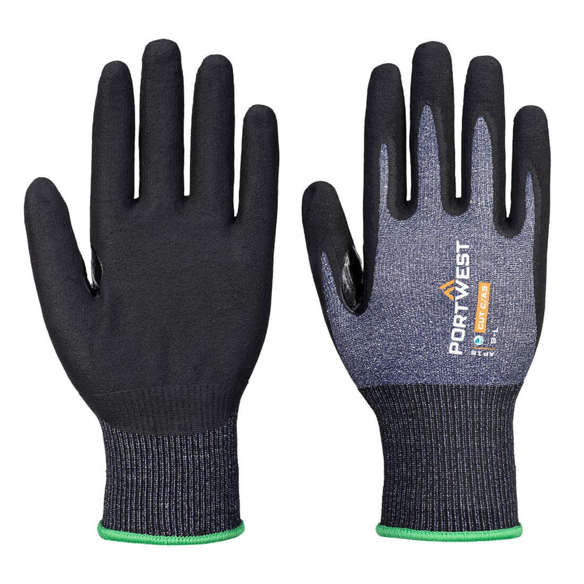 A pair of black and grey gloves with a green cuff and a logo on the wrist.