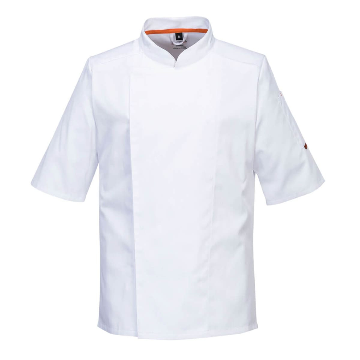 A white short-sleeve chef jacket with a stand-up collar and an orange accent, featuring a logo on one sleeve.