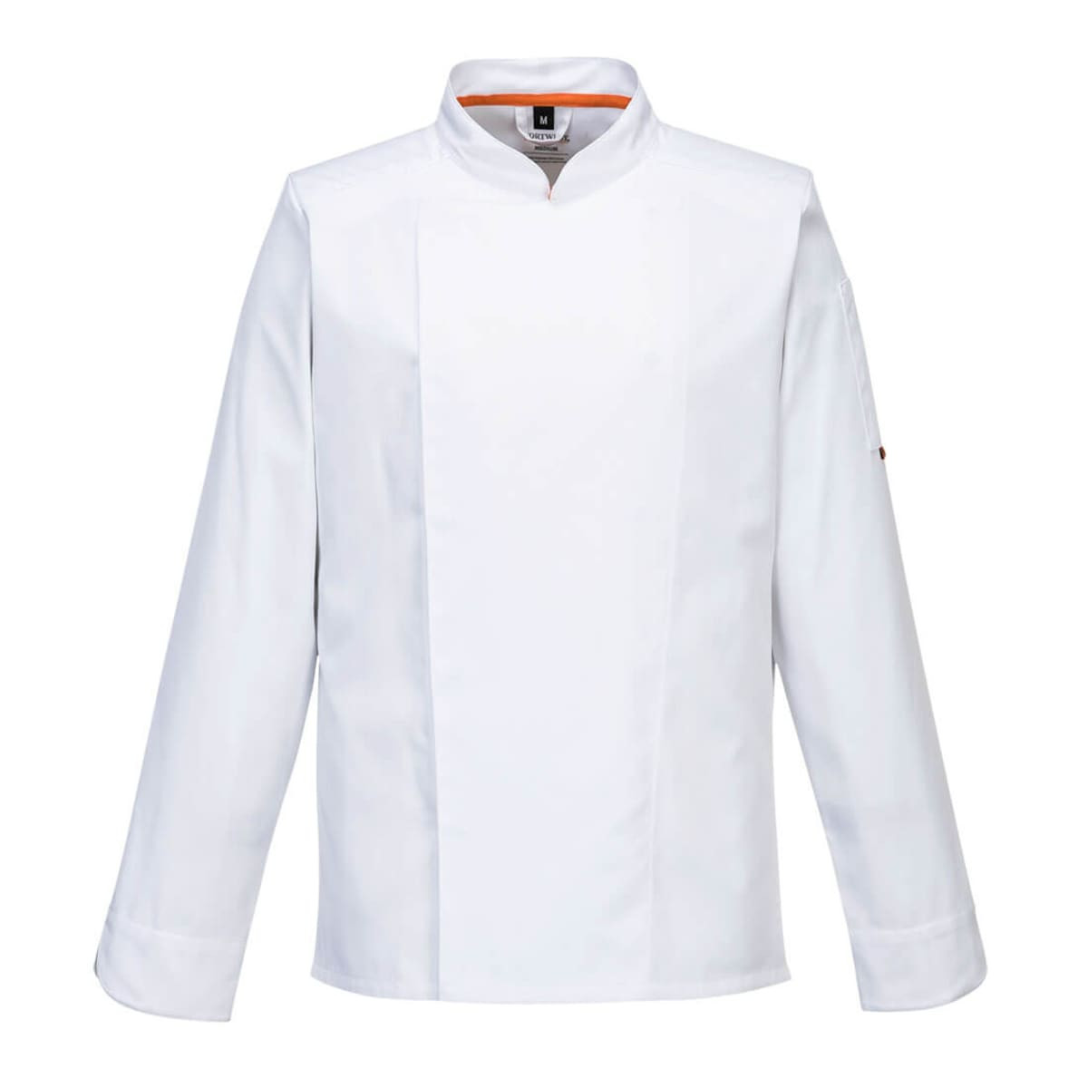 A white chef jacket with long sleeves and a stand-up collar, featuring a logo on one sleeve.