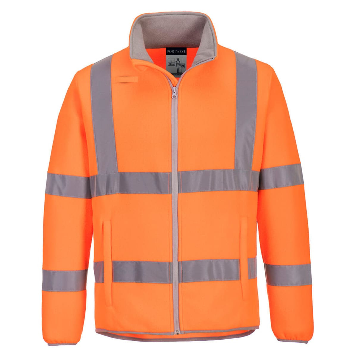 An orange fleece jacket featuring grey reflective stripes, designed for high visibility and safety. It has a logo on the front.