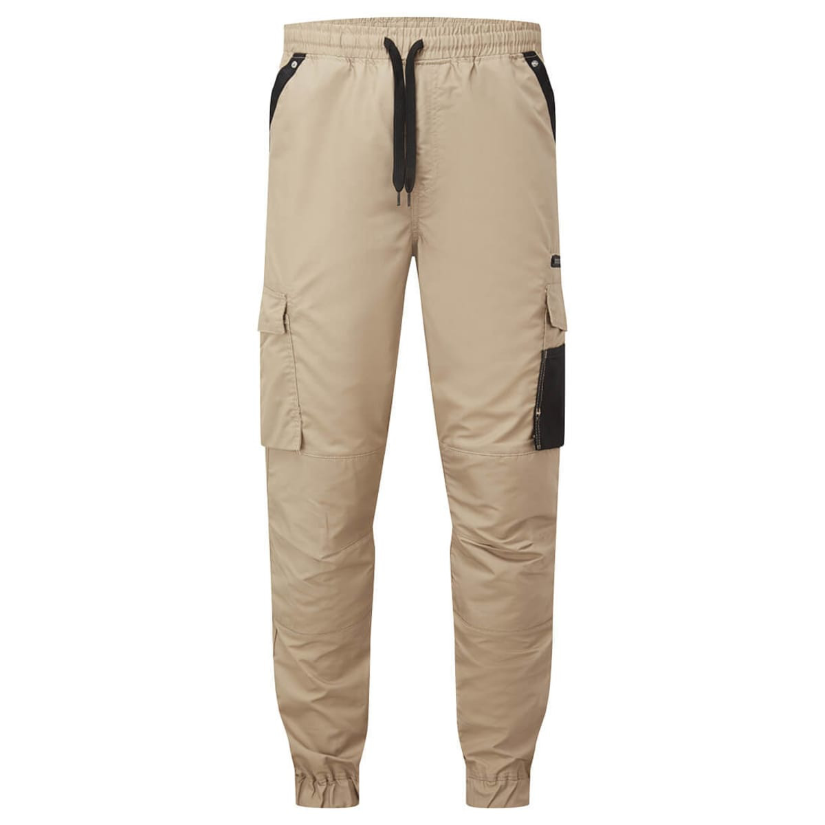 Beige lightweight pants with cargo pockets and an elastic waistband, featuring a logo on the side.