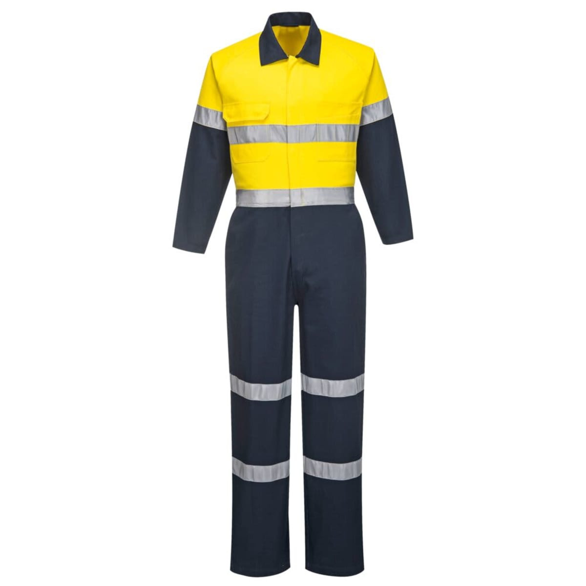 A high-visibility lightweight coverall in yellow and navy, featuring reflective stripes and long sleeves.