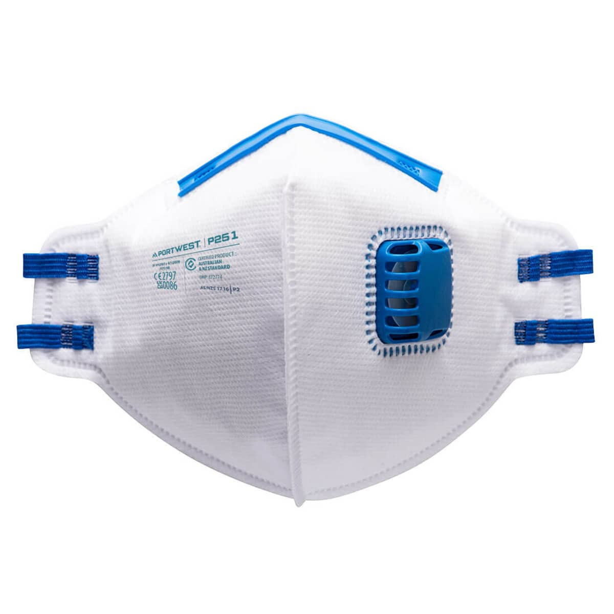 A white respirator with blue accents, featuring a ventilation valve and elastic ear straps. Includes a logo.