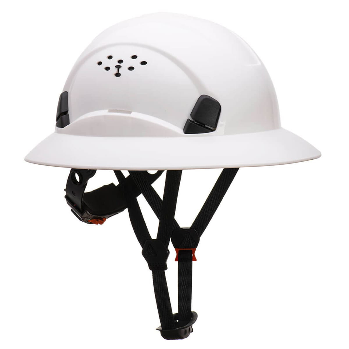 A white full brim hard hat with adjustable straps and ventilation holes, featuring a logo on the front.